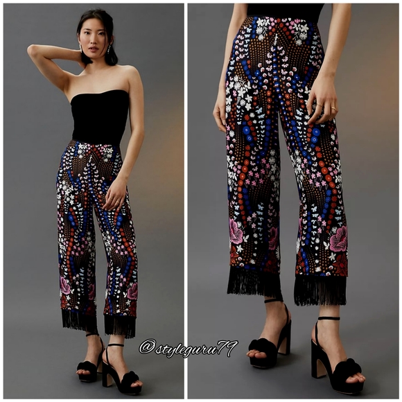NWT Anthropologie Maeve Fringed Hem Printed Wide-Leg Pants